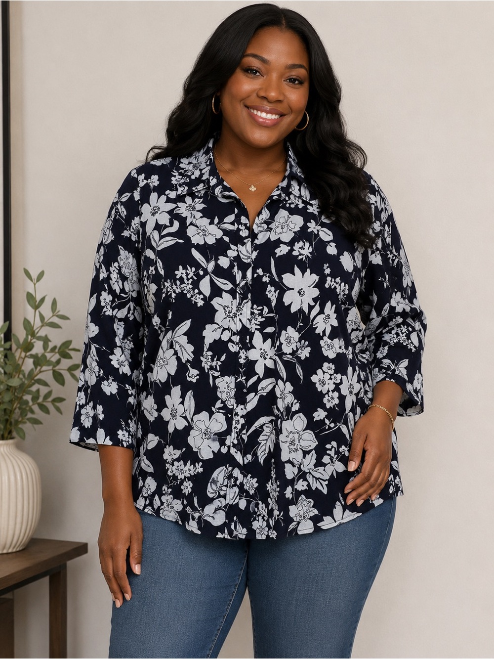 Lauren Ralph Lauren Navy and White Floral Button-Down Shirt